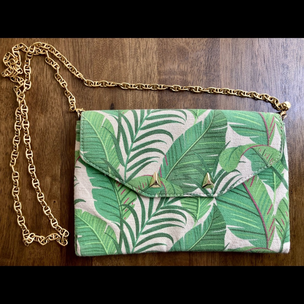 Stella & Dot Leaf Print Clutch with gold strap
